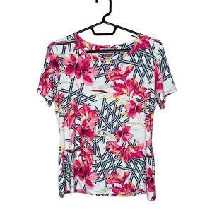 JM Collection Petite Medium Pink Floral Geometric Short Sleeve Textured Top